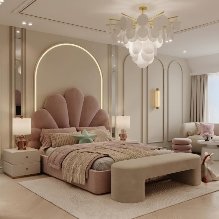 Velvet Scallop Headboard Bed (Blush Pink)